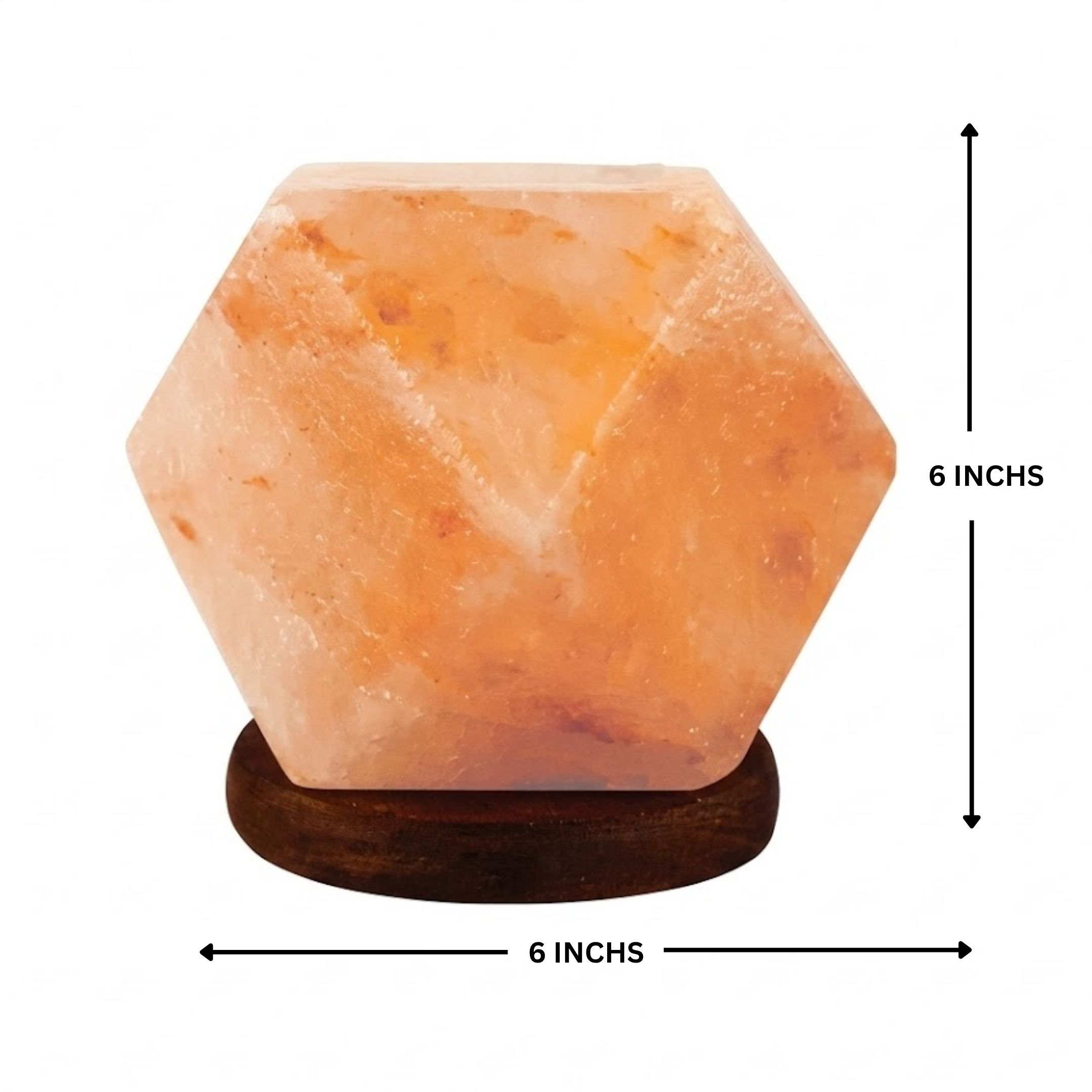 Diamond shape Himalayan salt lamp with pink crystals and wooden base glowing warm amber light for home decor
