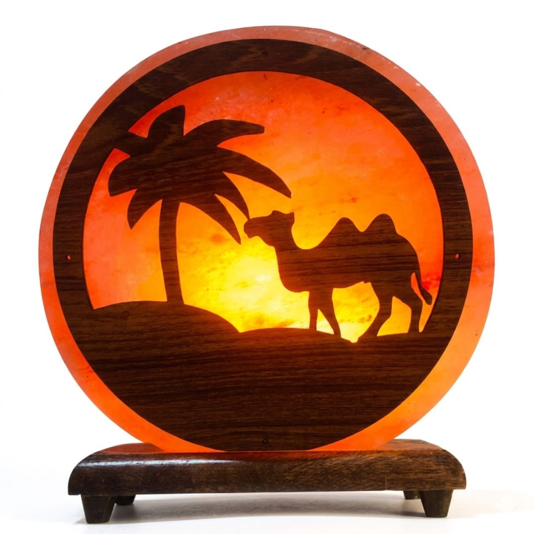 3D camel scenery Himalayan salt lamp with CNC cut design and wooden base glowing warm amber light