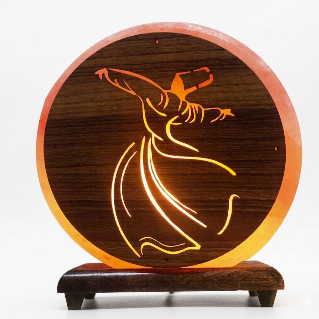 3D Darwaish style Himalayan salt lamp with CNC cut design and wooden base glowing warm amber light