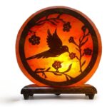 3D flying bird plate Himalayan salt lamp with CNC cut design and wooden base glowing warm amber light