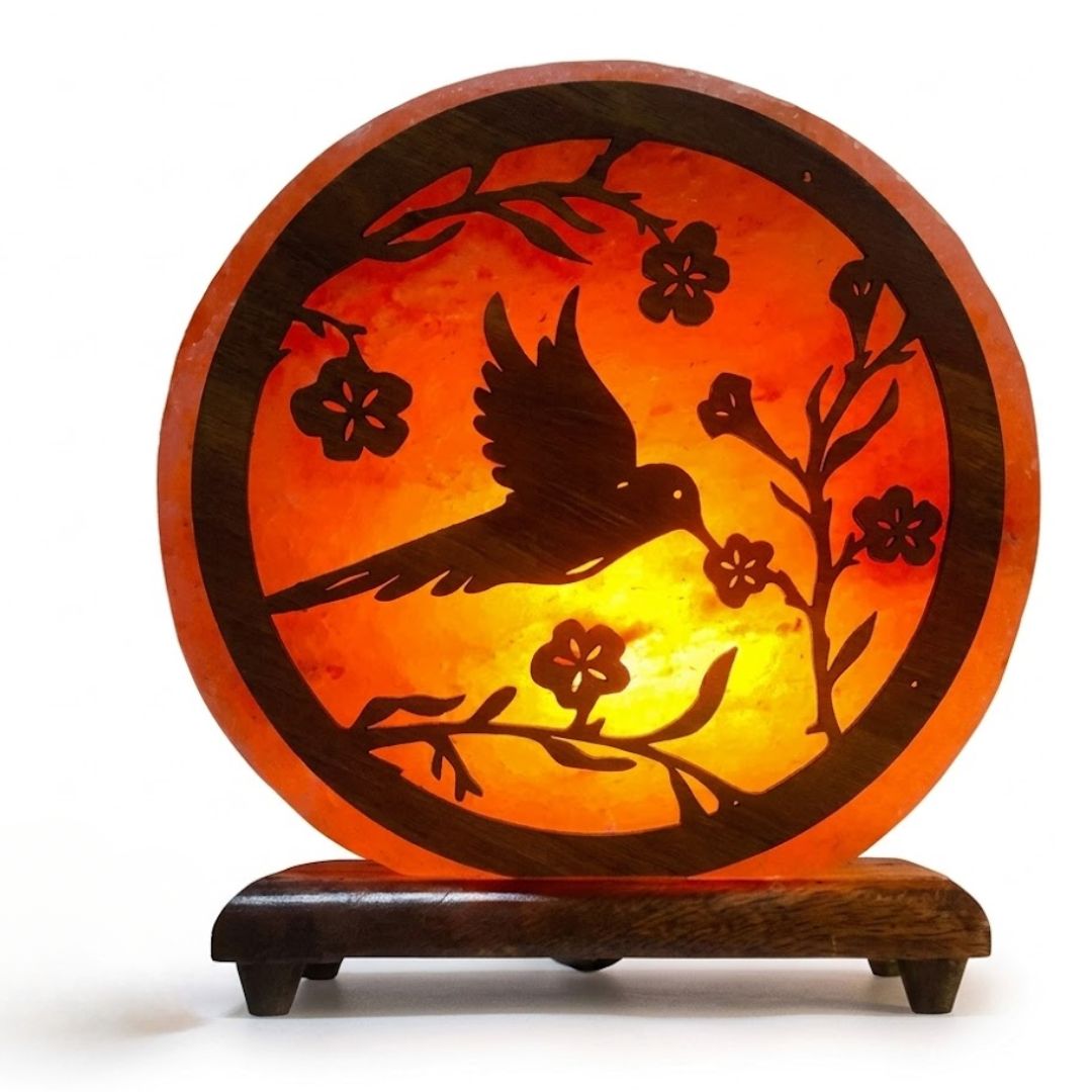 3D flying bird plate Himalayan salt lamp with CNC cut design and wooden base glowing warm amber light