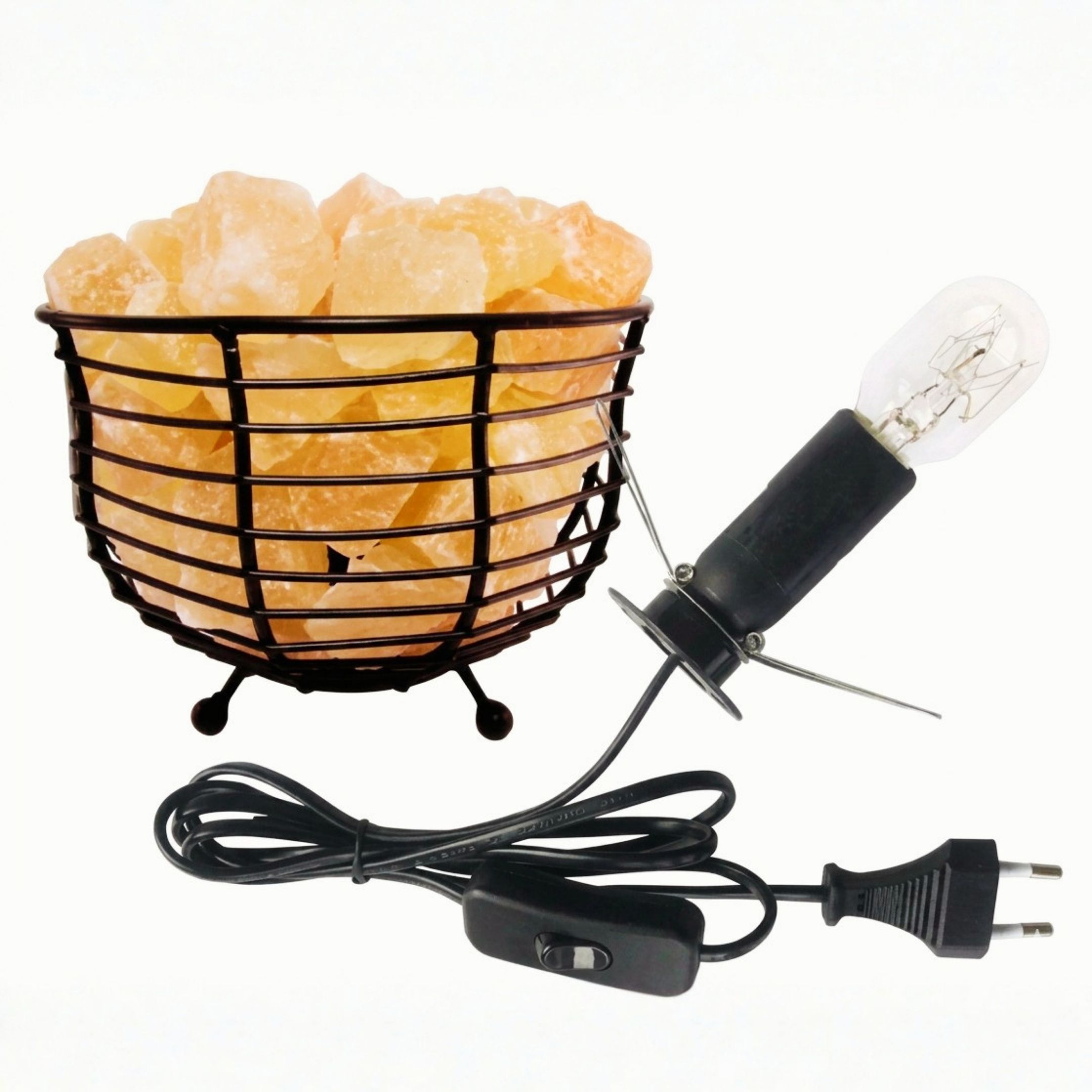 Bowl shape metal basket Himalayan salt lamp with pink salt chunks emitting warm amber glow for home decor