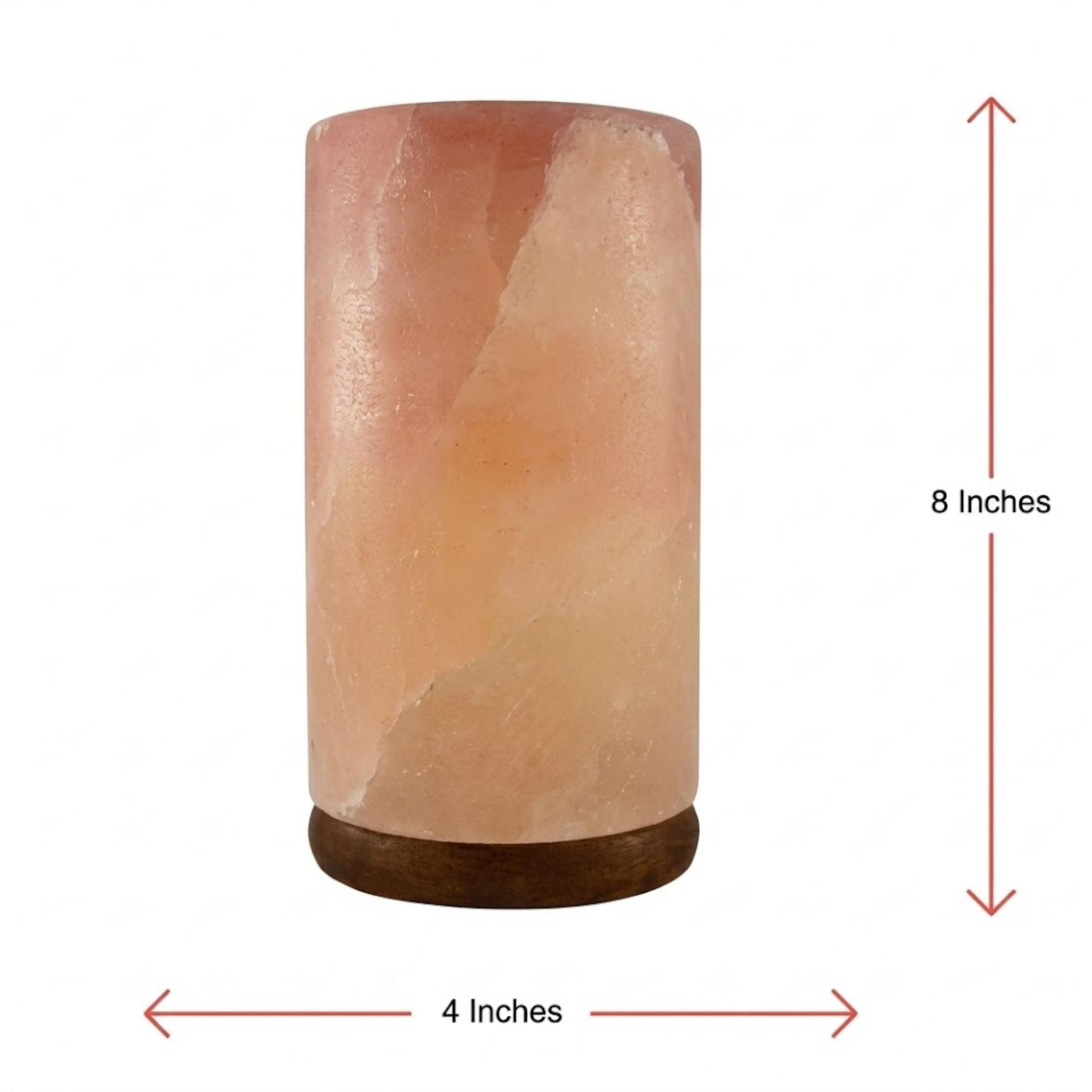 Cylinder shape Himalayan salt lamp with pink crystals and wooden base glowing warm amber light for home decor