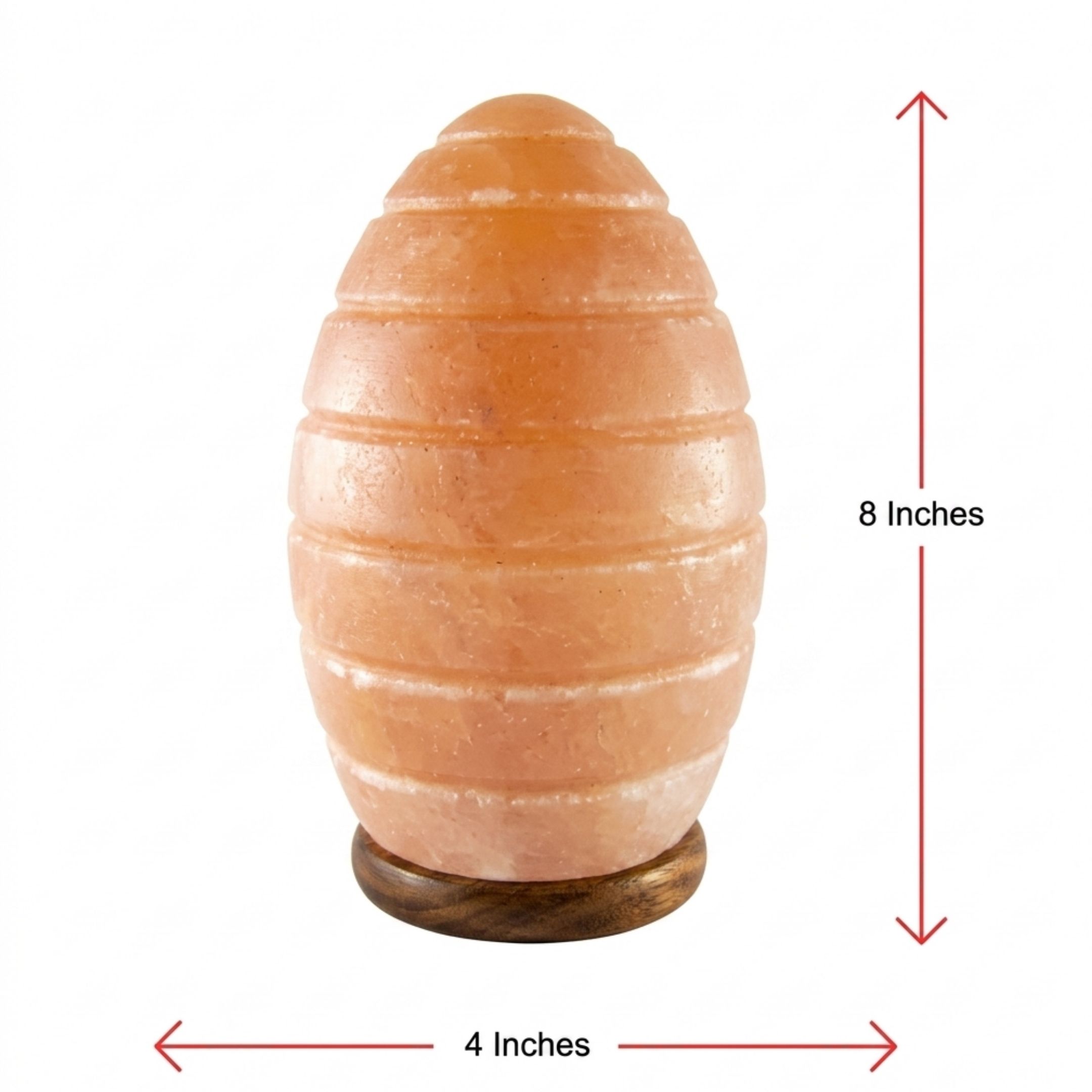 Egg shape Himalayan salt lamp with carved lines and wooden base glowing warm amber light for home decor