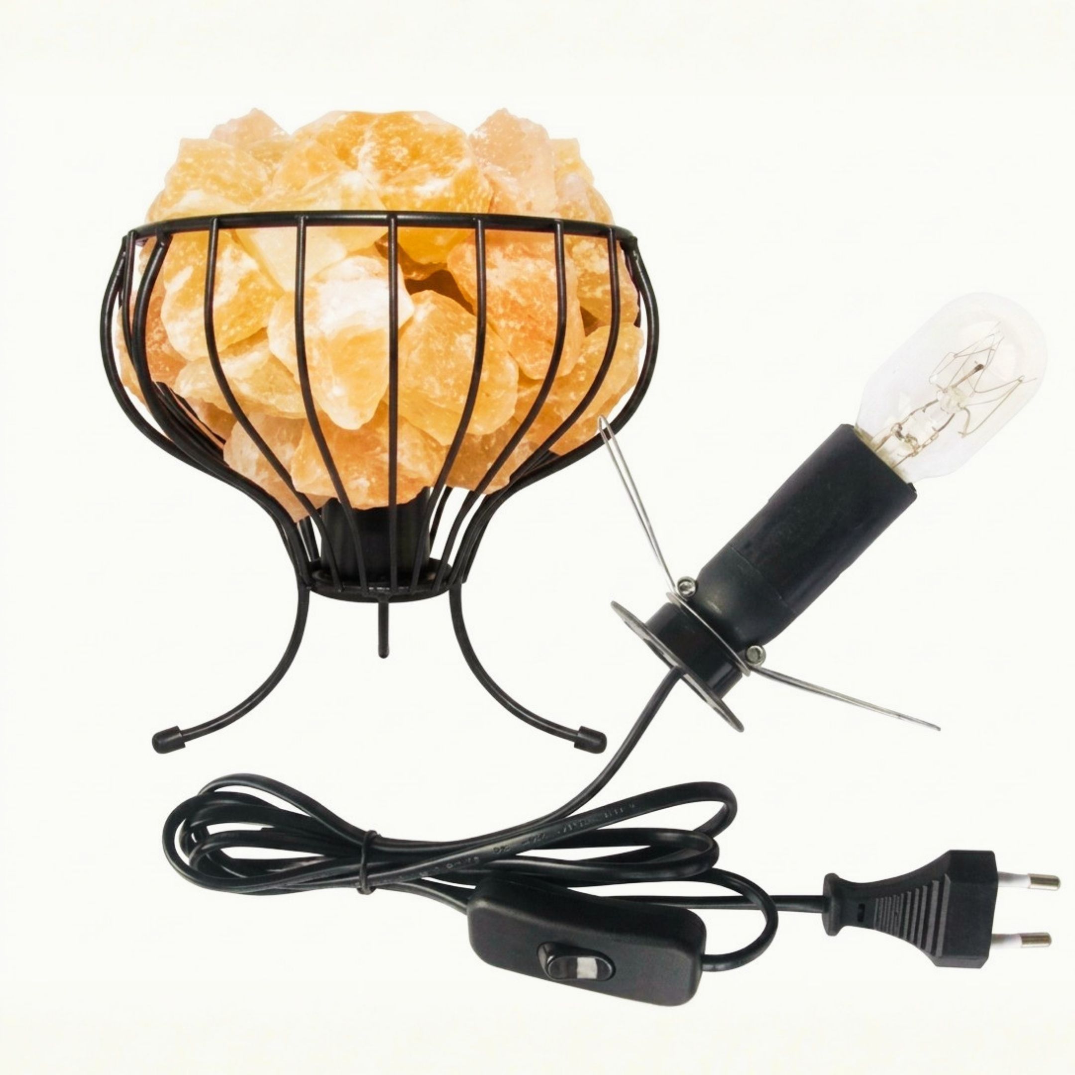 Flower shape metal basket Himalayan salt lamp with pink salt chunks glowing warm amber light for home decor