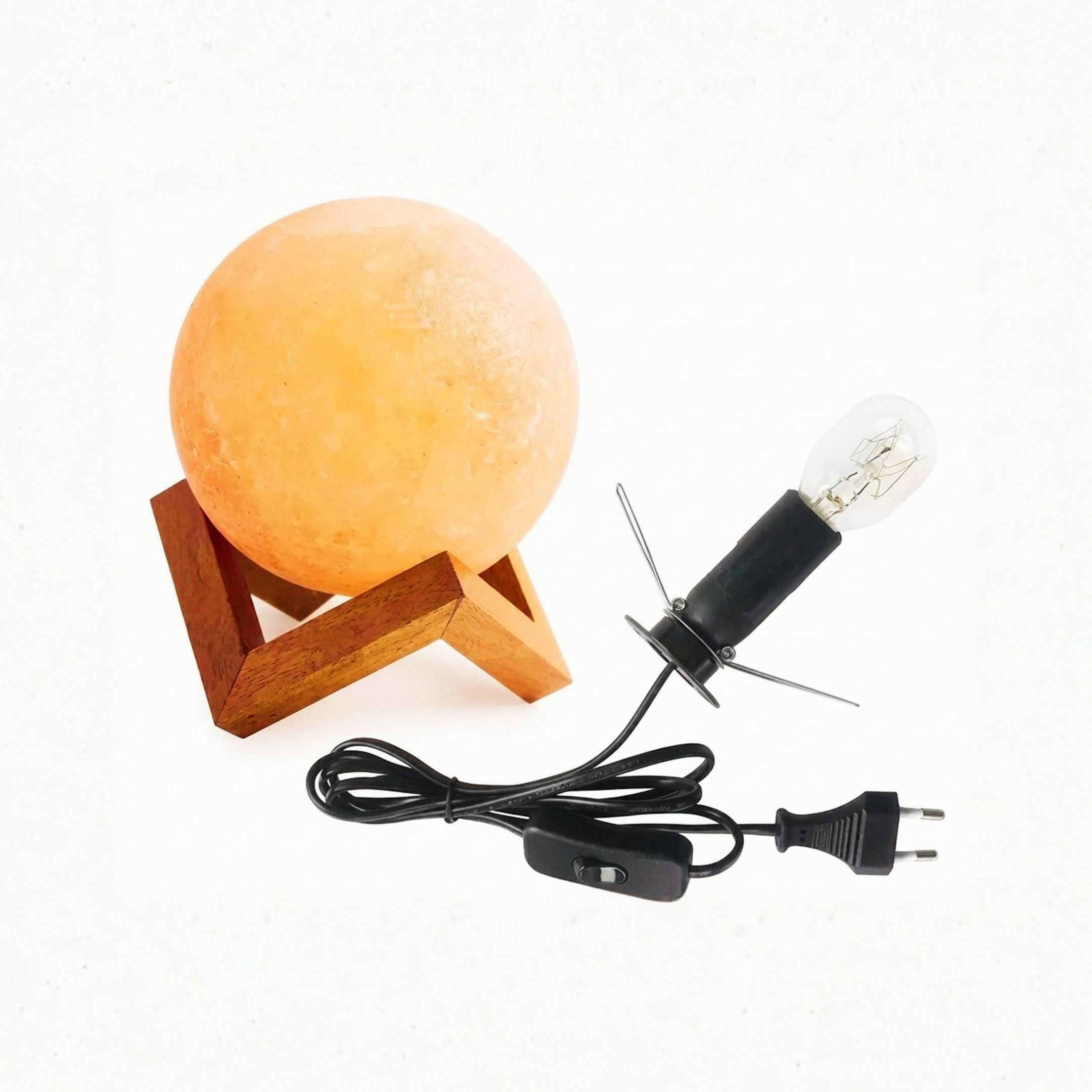 Full moon Himalayan salt lamp with polished wooden base and pink crystal glowing warm amber light