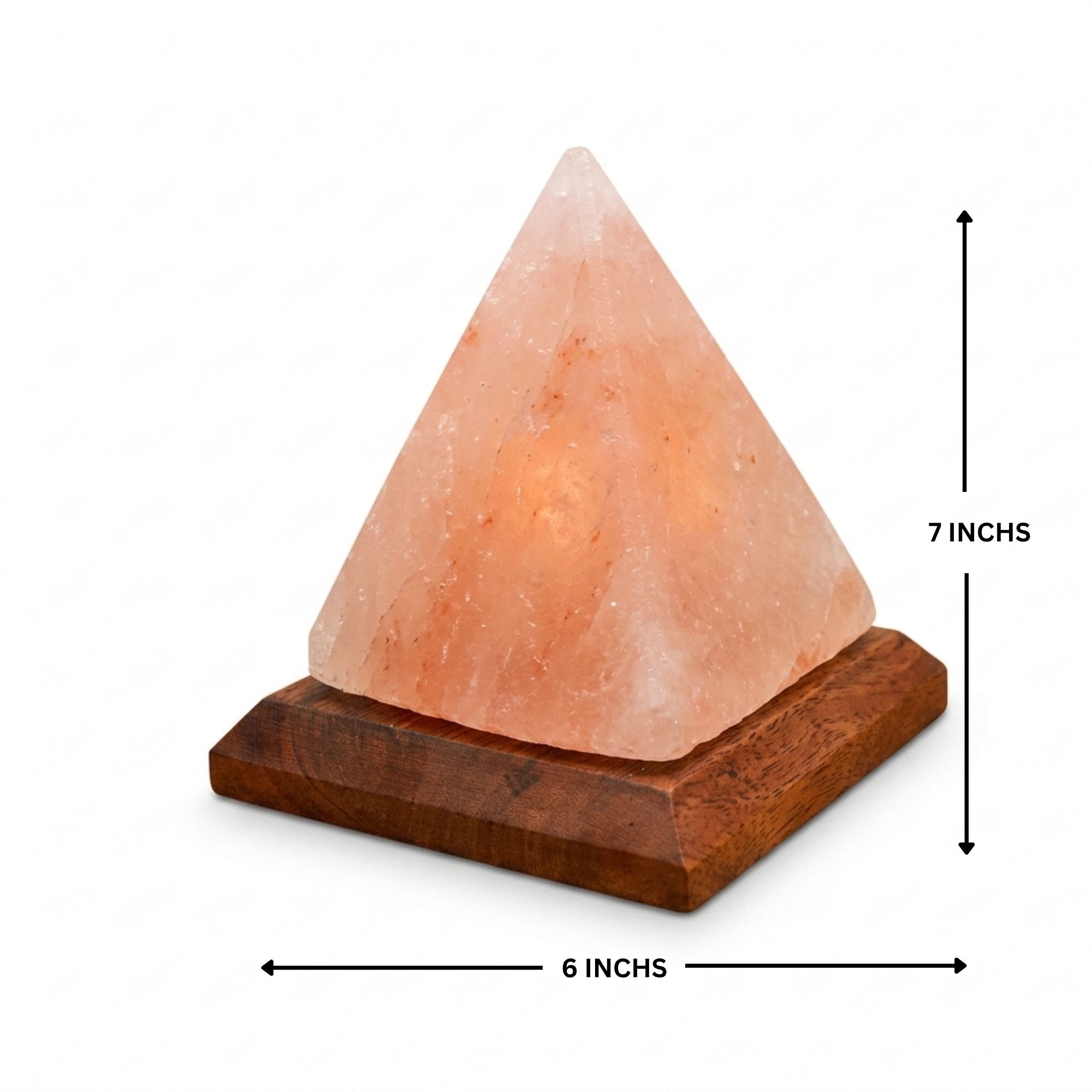 Hand carved pyramid Himalayan salt lamp with pink crystals and wooden base glowing warm amber light for home decor