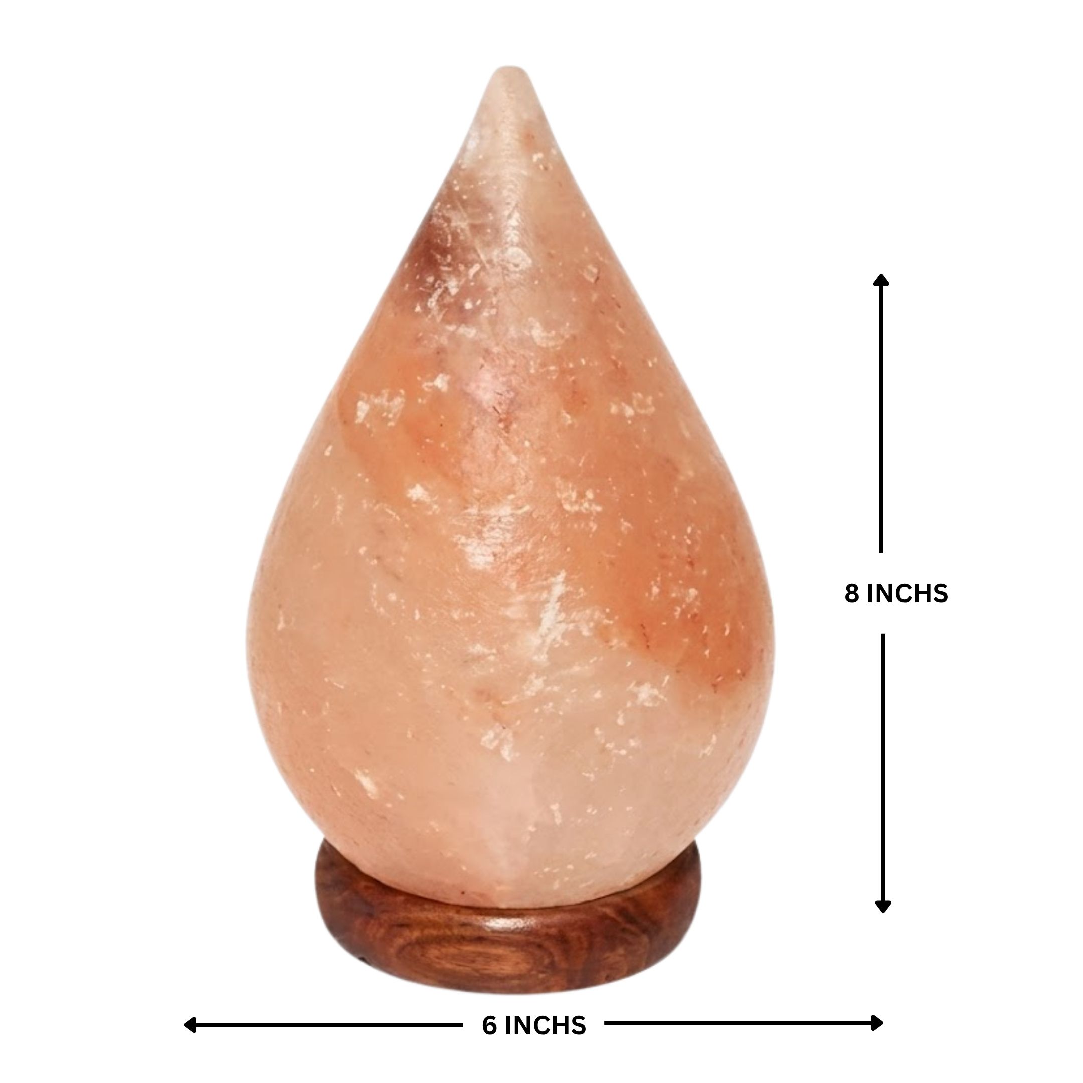 Hand carved raindrop Himalayan salt lamp with pink crystals and wooden base glowing warm amber light for home decor
