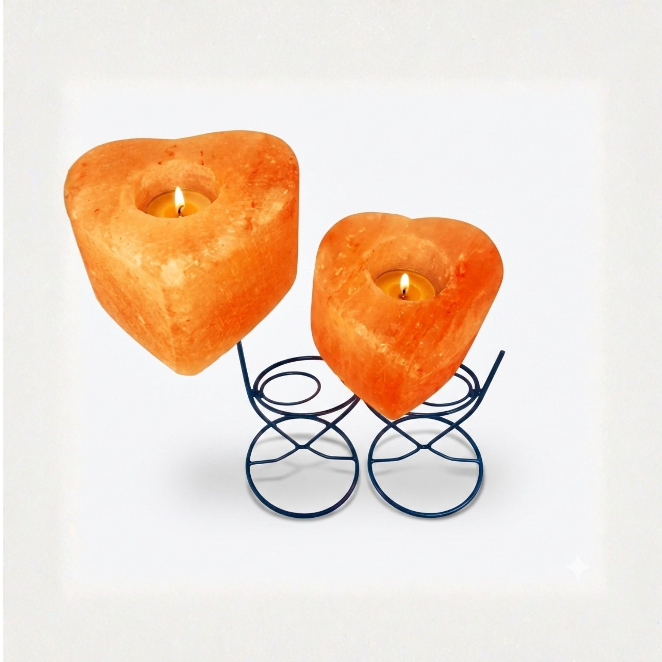 Pack of 2 heart shape Himalayan salt candle holders with metal stand glowing warm amber light