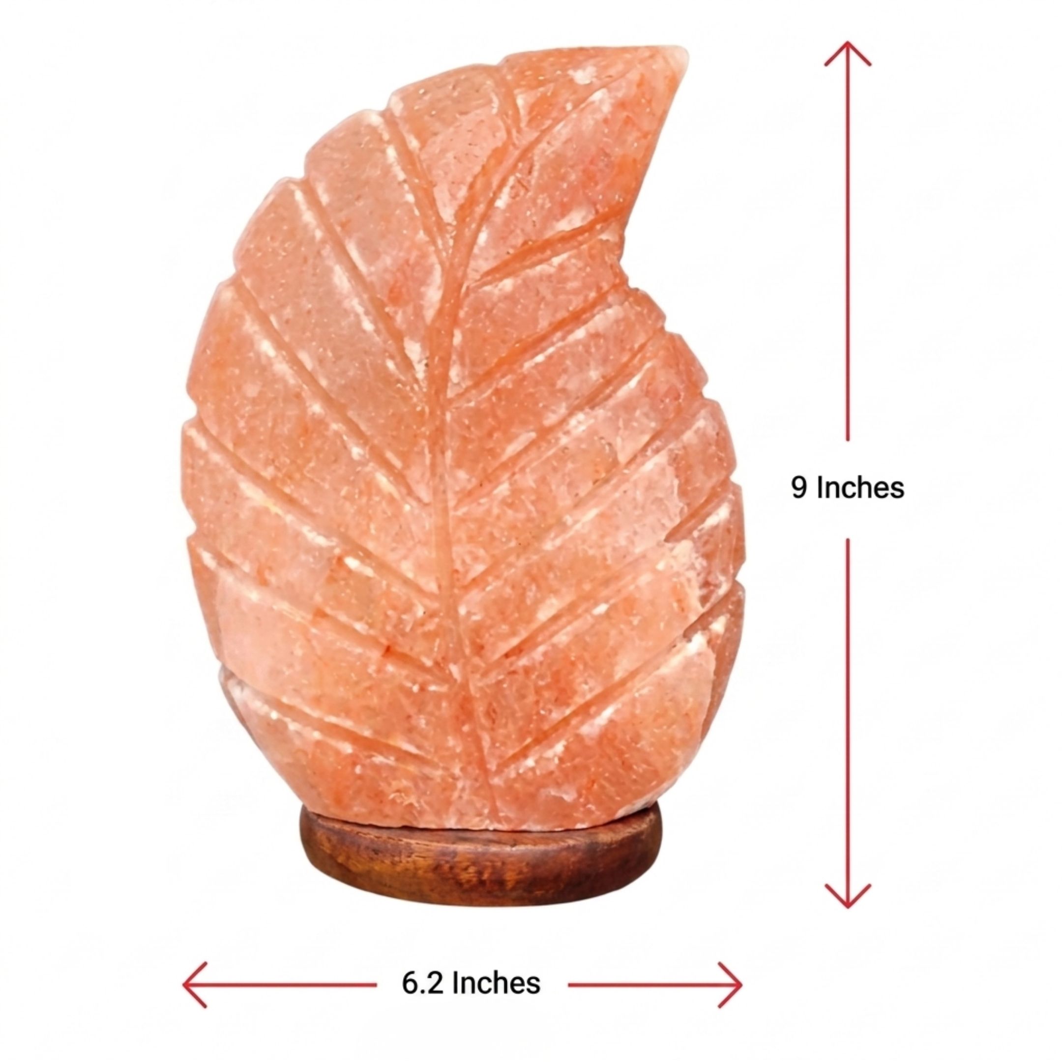 Leaf shape Himalayan salt lamp with pink crystals and wooden base glowing warm amber light for home decor