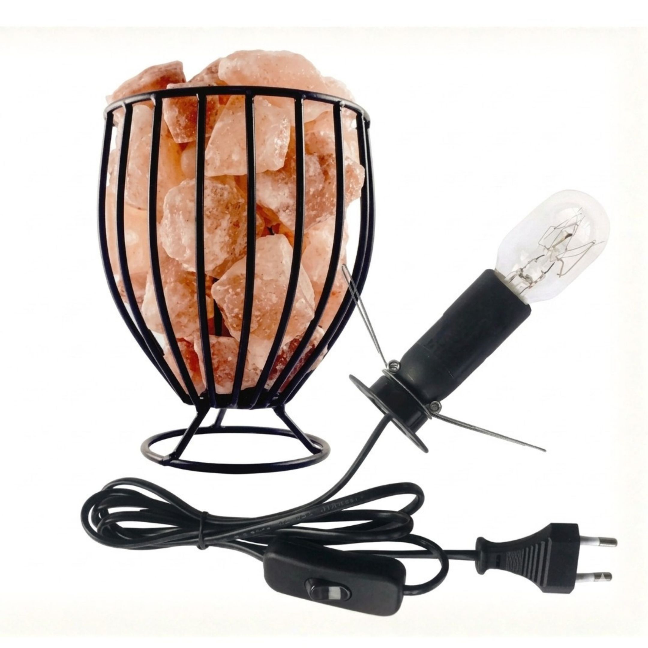 Oval style metal basket Himalayan salt lamp with pink salt chunks glowing warm amber light for home decor