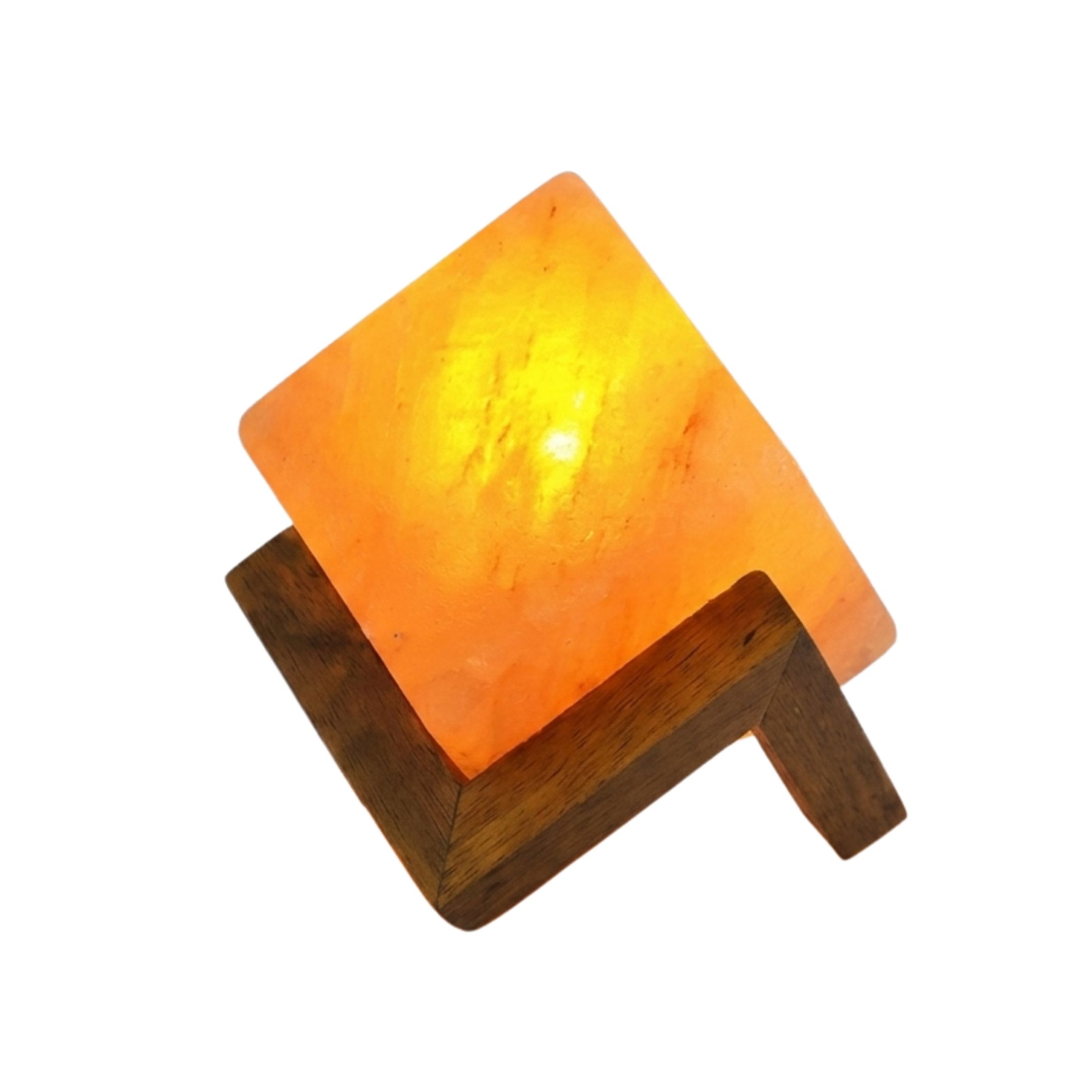 Penny cube Himalayan salt lamp with pink crystals and wooden base glowing warm amber light for home decor