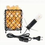 Square shape metal basket Himalayan salt lamp with pink salt chunks glowing warm amber light for home decor