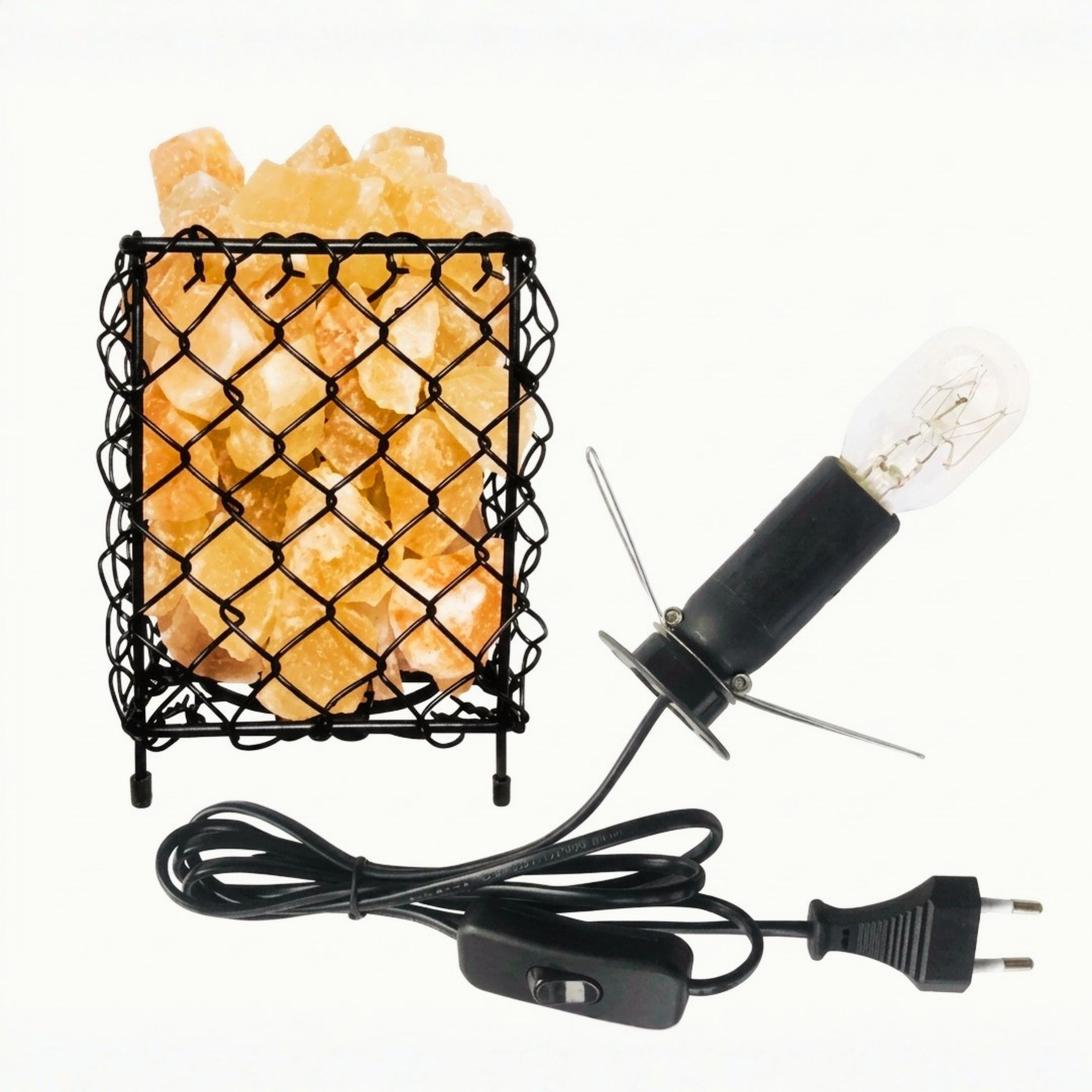 Square shape metal basket Himalayan salt lamp with pink salt chunks glowing warm amber light for home decor