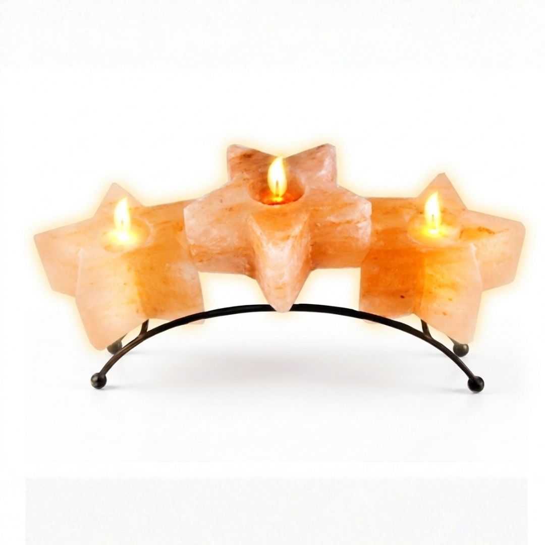 set of 3 star shaped Himalayan salt candle holders with metal stands