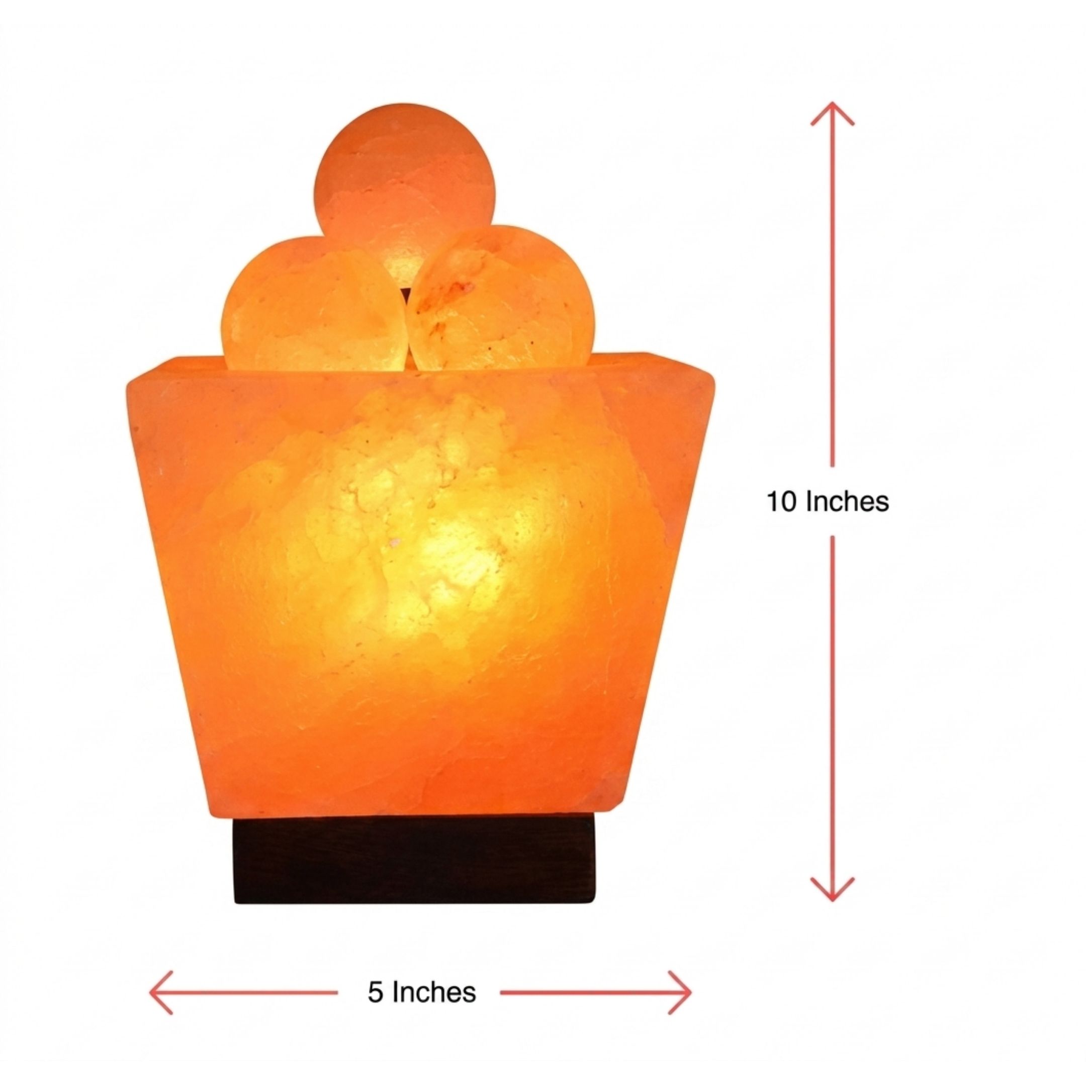 Trapezoid fire bowl Himalayan salt lamp with natural salt balls glowing warm amber light on wooden base
