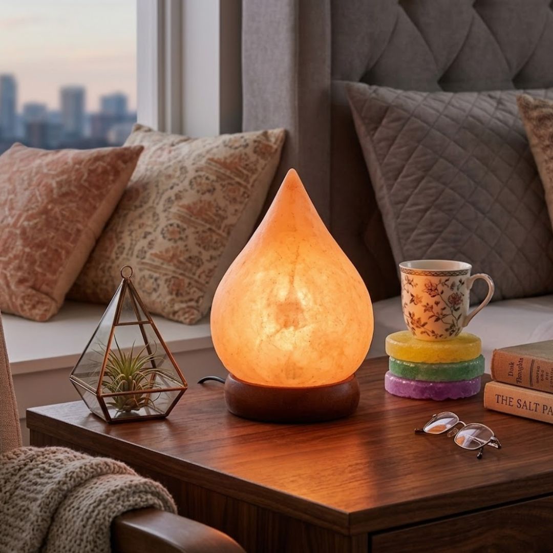 drop shape Himalayan pink salt lamp glowing