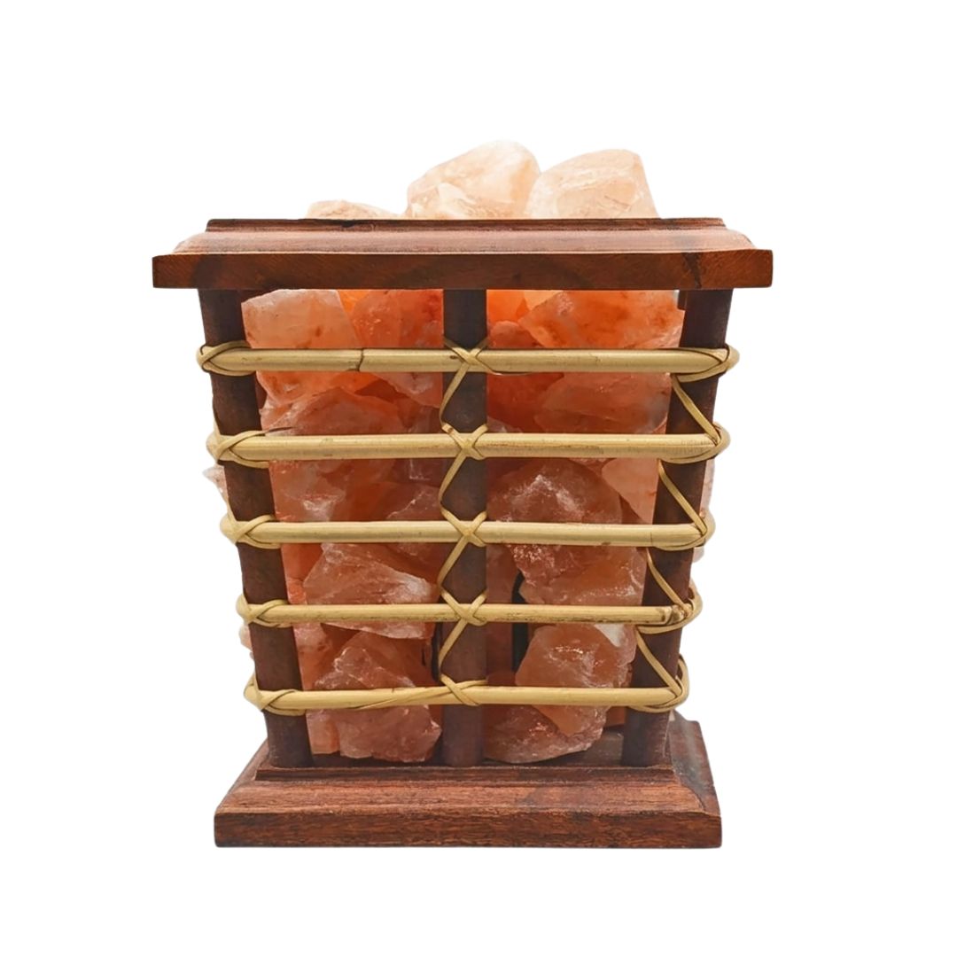 Wood cane basket Himalayan salt lamp with glowing pink salt chunks