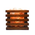 Wooden square cage salt lamp in modern interior