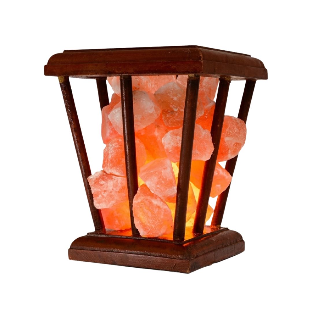 Square cage wooden salt lamp in modern home interior